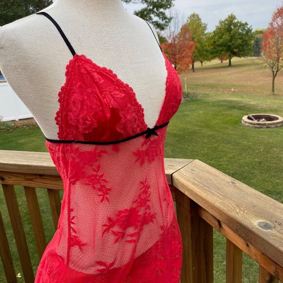 Victoria's Secret Very Sexy Red Lace Babydoll Lingerie L Strappy Romantic Floral - Picture 6 of 13